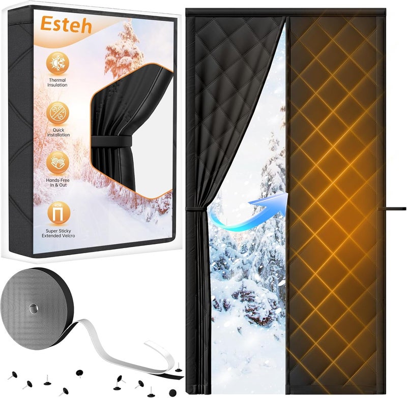 Esteh Magnetic Thermal Insulated Door Curtain for Winter Fits Door Size 36" x 82", Temporary Thermal Door Cover for Cold with Thickened Cotton, Window Insulation Kit for Sliding Glass Doorways - Black - Image 1